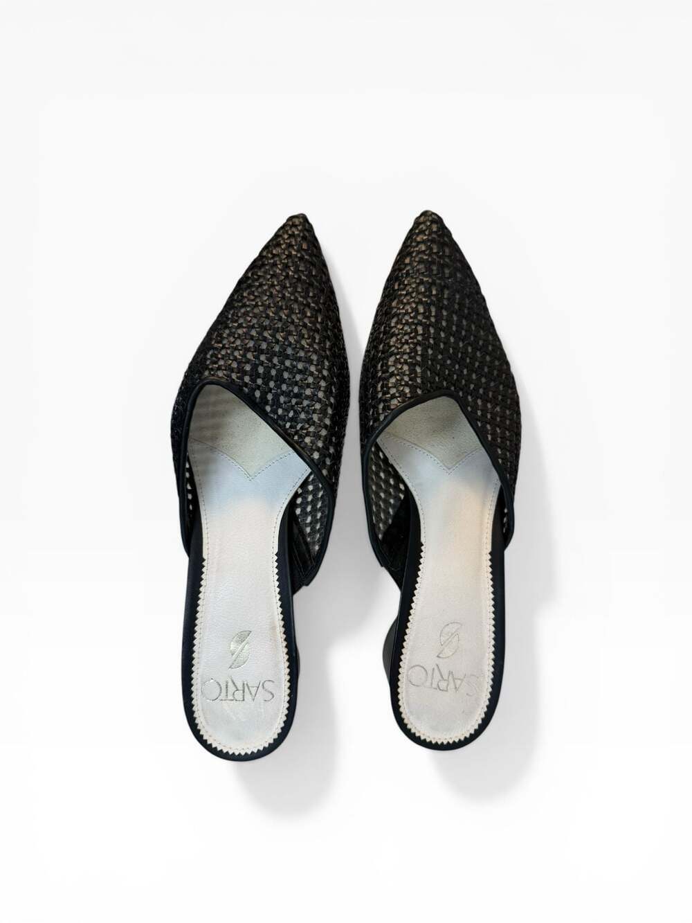 Franco Sarto Black Woven Rafia Pointed Toe Block Heel Mules | 8.5